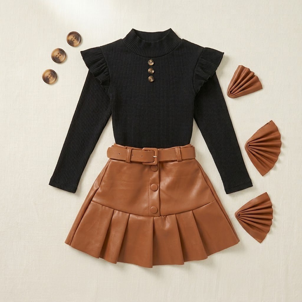 ensemble fille 2 piece haut manches longues jupe cuir marron les minidoux