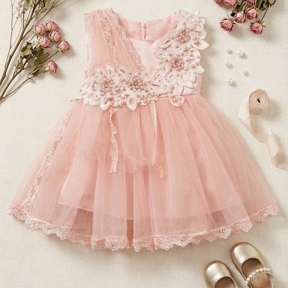robe a theme rose avec dentelle fleurie pour enfant fille