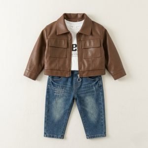 enemble trois pieces shirt veste cuir marron pantalon jean vetements enfants