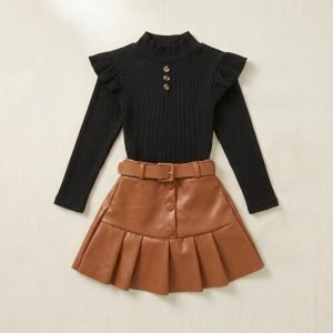 ensemble fille deux pieces haut manches longues jupe cuir marron les minidoux