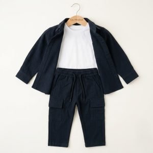 ensemble lin bleu nuit pour garcon chemise tshirt pantalon cargo