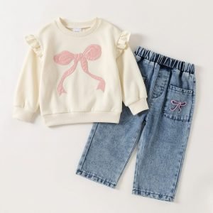 ensemble vetement chic pour enfant fille haut deco noeu pantalon