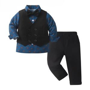 ensemble vetement garcon bleu noir trois pieces pantalon chemise bleu foncee jacket noeud papillon