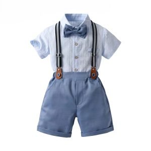 ensemble vetement garcon deux pieces culotte bleu marine bretelles chemisette noeud papillon