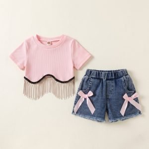 ensemble vetements fille top rose short jean jolis noeuds