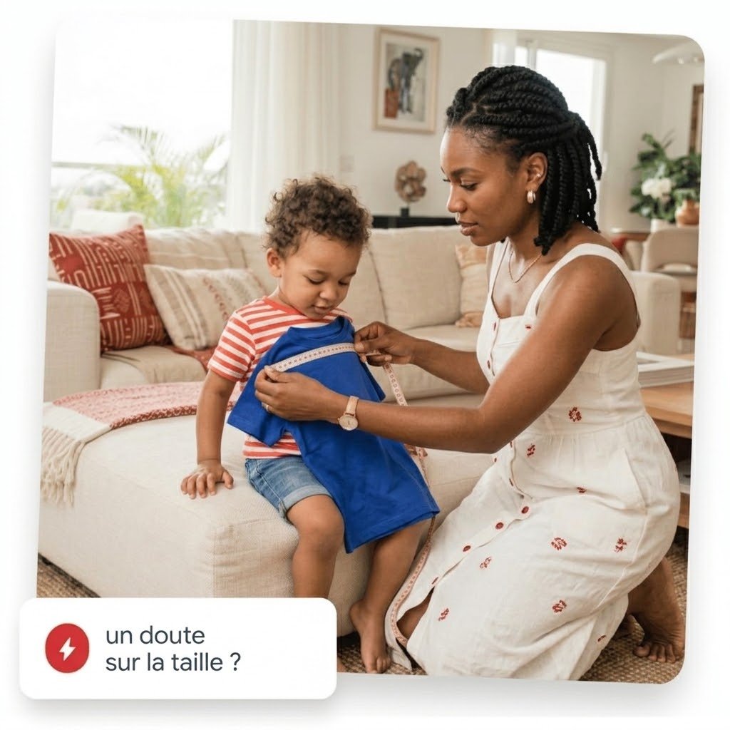 Guide des Tailles une maman qui mesure une taille de vetement sur son enfant pour choisir des vetements a la boutique enfant les minidoux a douala cameroun